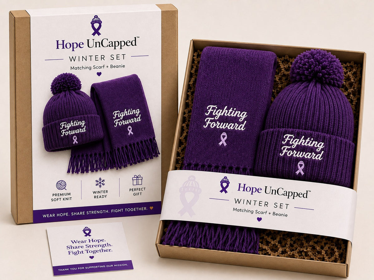 Hope UnCapped purple winter set with matching scarf and beanie, Fighting Forward