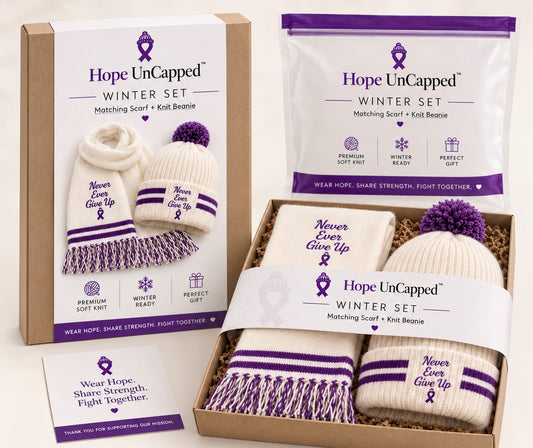 Hope UnCapped cream winter set with matching scarf and beanie, Never Ever Give Up