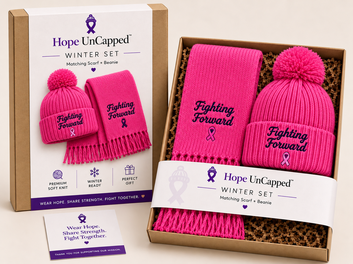 Hope UnCapped pink winter set with matching scarf and beanie, Fighting Forward