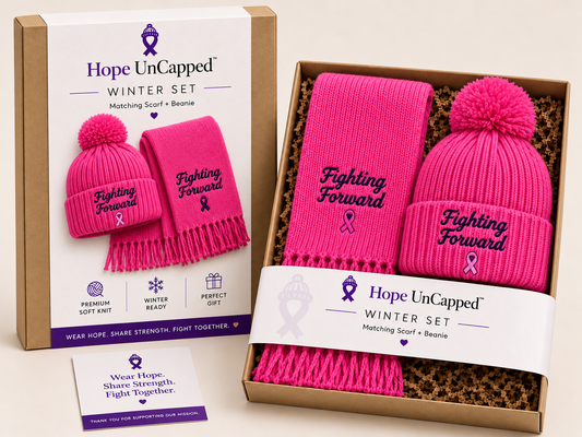 Hope UnCapped pink winter set with matching scarf and beanie, Fighting Forward