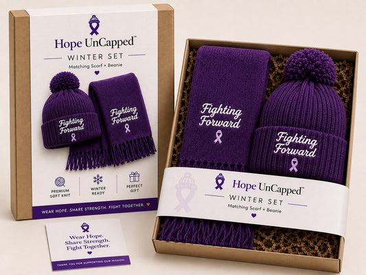 Hope UnCapped purple winter set with matching scarf and beanie, Fighting Forward